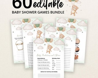 May include: A bundle of 60 editable baby shower game cards featuring watercolor illustrations of a teddy bear holding green and tan balloons among clouds and stars. The cards include text for baby predictions, advice, and various activity prompts.