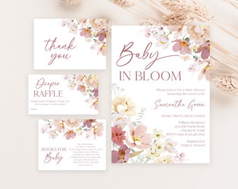 May include: A set of four baby shower cards featuring a floral design. The cards are white with pink and yellow flowers. The text on the cards reads "Thank You", "Diaper Raffle", "Books for Baby", and "Baby in Bloom".