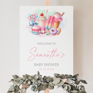 May include: A pink and blue baby shower welcome sign with a watercolor illustration of a milkshake, ice cream cone, popsicle, and macarons. The sign says "Welcome to Samantha's Baby Shower 08-22-20XX".