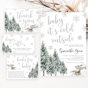 Redigerbar babyshowerinbjudningspaket med "Det är kallt ute", könsneutral vinterinbjudningspaket för babyshower, snöflingebabyshower, BBS511