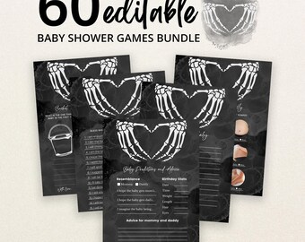 May include: A bundle of 60 editable baby shower game cards featuring a black background with white skeleton hands forming a heart shape. The text includes 60 editable BABY SHOWER GAMES BUNDLE and Baby Predictions and Advice with lines for writing.