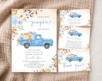 May include: A baby shower invitation set featuring a blue pickup truck carrying pumpkins, decorated with watercolor floral arrangements in blue and orange tones. The text includes A SWEET LITTLE PUMPKIN IS ON THE WAY, BABY SHOWER, and thank you.