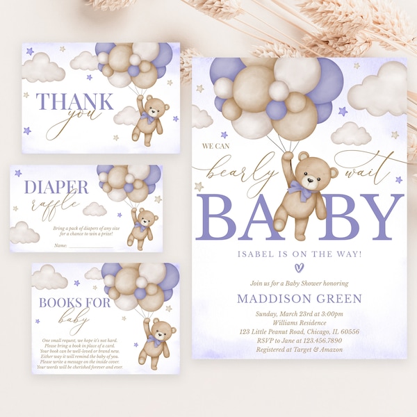 Editable Brown Bear Balloon Baby Shower Invitation Bundle, We Can Bearly Wait Baby Shower Invite, Purple Boho Bear Girl Baby Shower, BBS655