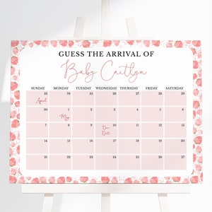Bewerkbare iemand Berry Sweet Baby Shower Guess Baby's aankomst, Pink Strawberry Baby Shower Due Date Kalender, Berry Sweet Douche, BBS664