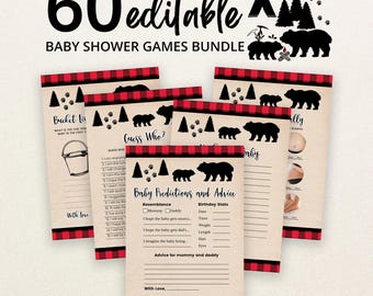 Könnte beinhalten: Ein Set aus 60 bearbeitbaren Babyparty-Spielkarten mit rot-schwarzem Büffelkaromuster am Rand, schwarzen Bärensilhouetten, Tannenbäumen und Pfotenabdrücken. Die Karten enthalten Titel wie Baby Predictions and Advice, Guess Who und Bucket List.