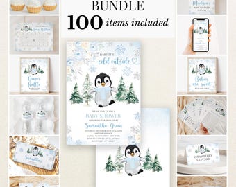 Puede incluir: Un paquete para baby shower con 100 artículos con temática de pingüinos de invierno. El set incluye invitaciones, carteles, adornos para cupcakes, etiquetas para botellas de agua y juegos, decorados con flores azules y pinos.