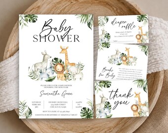 May include: A set of white baby shower stationery featuring watercolor illustrations of a zebra, giraffe, lion, and elephant surrounded by green tropical leaves. The cards include text for a diaper raffle, books for baby, and a thank you note.