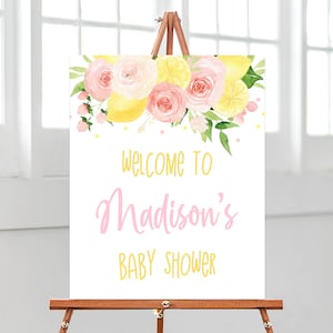 Editable Lemonade Baby Shower Welcome Sign, Sunshine Lemonade Baby Shower Welcome Poster, Pink Floral Lemonade Baby Shower Decor,  BBS403