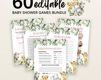 May include: A bundle of 60 editable baby shower game cards featuring watercolour illustrations of a giraffe, lion, elephant, and zebra surrounded by pink flowers and green leaves. The cards include titles like Bucket List, Guess Who, Wishes for Baby, and Baby Predictions and Advice with lines for writing.