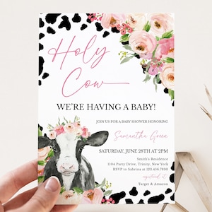 Edytowalne zaproszenie na baby shower Holy Cow, zaproszenie na baby shower Girl Highland Cow, różowe kwiatowe zaproszenie na baby shower Highland Cow, BBS735