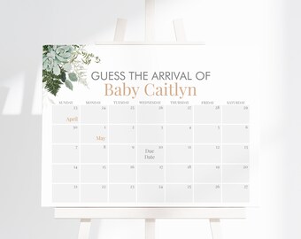 Puede incluir: Un juego de baby shower imprimible con un calendario para que los invitados adivinen la fecha de llegada de la bebé Caitlyn. El calendario está decorado con un diseño floral y el texto "Adivina la llegada de la bebé Caitlyn".