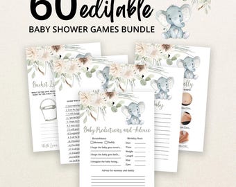 Può includere: Un set di 60 carte da gioco per baby shower modificabili con illustrazioni ad acquerello di un elefante grigio e composizioni floreali. Le carte includono titoli come Baby Predictions and Advice, Bucket List e Guess Who, con righe vuote.