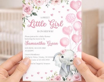 Editable Pink Girl Elephant Baby Shower Invitation, Pink Floral Elephant Baby Shower Invitation, Girl Baby Elephant Balloons, BBS593