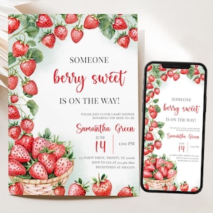 Editable Someone Berry Sweet Baby Shower Invitation, Strawberry Baby Shower Invite, Red Strawberry Baby Shower Invitation Pack,BBS988