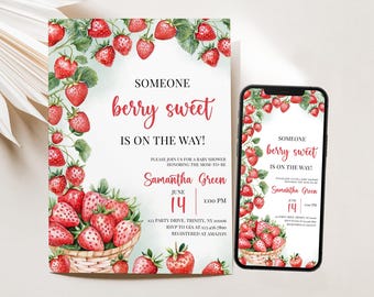 May include: A baby shower invitation featuring a watercolour illustration of strawberries. The text reads "Someone berry sweet is on the way!" and includes the name "Samantha Green" and the date "June 14".