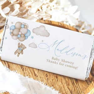 Editable Brown Bear Balloon Baby Shower Water Chocolate Wrapper, We Can Bearly Wait Candy Wrapper, Blue Boy Boho Bear Candy Label, BBS388