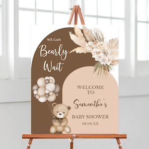 Bearbeitbar Wir können Bärenbabyparty-Willkommensschild warten, geschlechtsneutrales Bärenballon-Babypartyplakat, Boho-Bär-Babypartydekor, BBS435