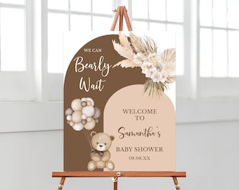Editable We Can Bearly Wait Baby Shower Welcome Sign, Gender Neutral Bear Balloon Baby Shower Poster, Boho Bear Baby Shower Decor, BBS435