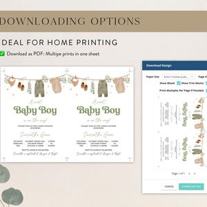 May include: A baby shower invitation design with the text "A sweet Baby Boy is on the way!" in green. The design includes illustrations of baby clothes and shoes. The invitation is available as a PDF for home printing.
