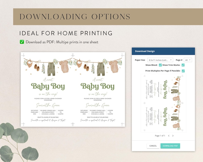 May include: A baby shower invitation design with the text "A sweet Baby Boy is on the way!" in green. The design includes illustrations of baby clothes and shoes. The invitation is available as a PDF for home printing.