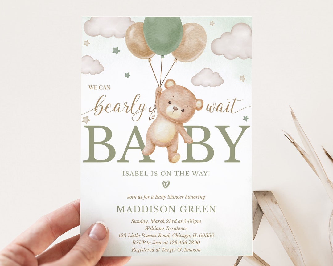 Editable Green Bear Balloon Baby Shower Invitation, We Can Bearly Wait ...