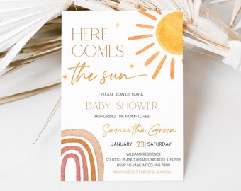 Faire-part de baby shower modifiable soleil, invitation de shower de bébé voici le fils, douche de garçon Sonshine, douche de soleil Boho, BBS741