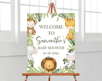 May include: A rectangular welcome sign for a baby shower featuring watercolor illustrations of a monkey, giraffe, elephant, lion, and zebra surrounded by green tropical leaves. The text reads: WELCOME TO Samantha's BABY SHOWER 01-23-2024.