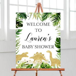 Bearbeitbares Dinosaurier-Babyparty-Willkommensschild, Greenery Gold Dinosaurier-Babyparty-Willkommensplakat, Jungen-Dinosaurier-Babypartydekoration, BBS202