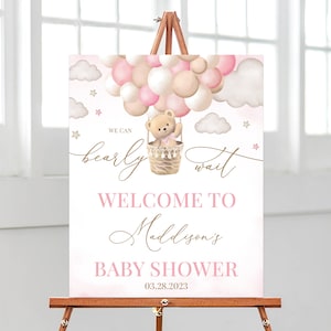 Orsetto modificabile rosa mongolfiera Ragazza Baby Shower Cartello di benvenuto, Possiamo aspettare con pazienza Poster per baby shower, Decoro per doccia orso bruno, BBS460