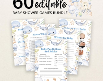 May include: A bundle of 60 editable baby shower game cards featuring watercolor illustrations of sea creatures like whales, octopuses, and crabs. The cards include titles such as Guess Who, Wishes for Baby, and Baby Predictions and Advice.