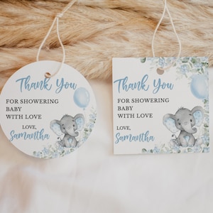 Etichetta modificabile per il baby shower dell'elefante blu, etichetta di ringraziamento per il baby shower dell'elefante ragazzo, bomboniere floreali per l'elefante, piccola arachidi, BBS714