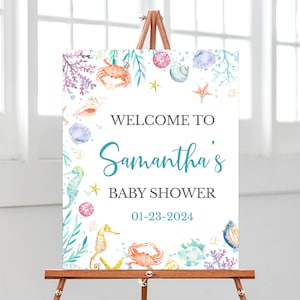 Cartel de bienvenida editable bajo el mar para baby shower, cartel de ducha de animales marinos, decoración de baby shower de mar neutro de género turquesa, BBS681