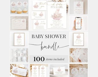 Editable It's a Girl Boho Bunny Baby Shower Bundle, Floral Rabbit Baby Shower Invitation Pack, Girl Bunny Baby Shower Games Package, BBS656