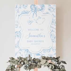 Editable Chinoiserie Boy Tea Party Shower Welcome Sign, Blue Tea Party Baby Shower Poster, Garden Tea Party Baby Shower Decor, BBS1086