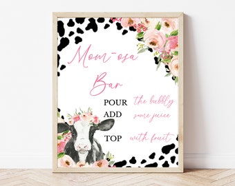 Momosa Bar Sign Holy Cow Baby Shower, Girl Highland Cow Baby Shower Mimosa Bar Sign, Pink Floral Highland Cow Shower Decor, BBS735