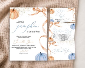 May include: A baby shower invitation set featuring watercolor illustrations of orange and blue pumpkins, gold glitter accents, and tan ribbons. The text reads A LITTLE pumpkin IS ON THE WAY, Samantha Green, SATURDAY, OCTOBER 13TH AT 2PM, and registry info.