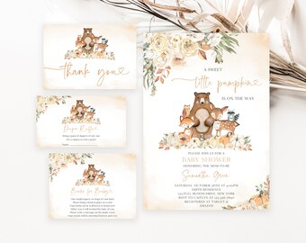 Editable Fall Woodland Baby Shower Invitation Bundle, Woodland Pumpkin Baby Shower Invite, Gender Neutral Woodland Fall Baby Shower, BBS437