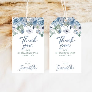 Bewerkbare jongen baby in bloei baby shower gunst tag, blauwe lente bloemen baby shower dank u tag, Boy Wildflower douche partij gunsten, BBS603