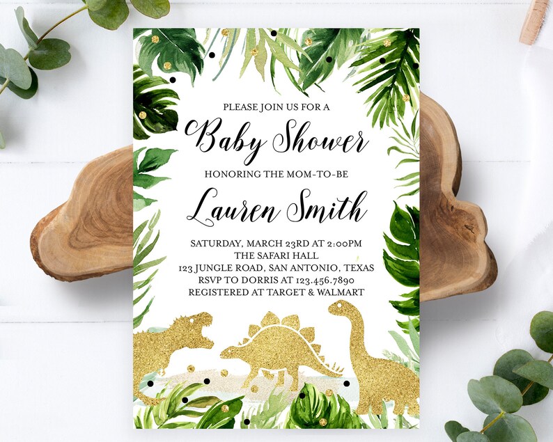 Editable Dinosaur Baby Shower Invitation Greenery Gold Dinosaur Baby Shower Invite Boy Dinosaur Baby Shower Invite Boy