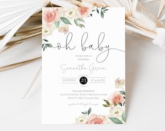 Op de afbeelding: Een uitnodiging voor een babyshower met de woorden "oh baby" in elegant schrift. De uitnodiging bevat bloemaccenten in tinten roze, wit en groen. Details zijn de naam van de geëerde, datum, tijd en locatie.