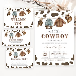 Pacchetto di inviti per baby shower modificabili A Little Cowboy, invito per baby shower Wild West, invito per baby shower Brown Cowboy, invito per baby shower Rodeo Baby BBS719
