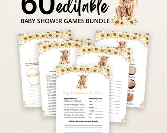 Könnte beinhalten: Ein Set aus 60 bearbeitbaren Babyparty-Spielkarten mit Aquarellillustrationen von Hochlandrindern und Sonnenblumen. Die Karten enthalten Text für Babyvorhersagen, Ratschläge und verschiedene Spielaufgaben mit leeren Zeilen.
