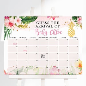 Editable Pineapple Baby Shower Guess Baby&#39;s Arrival, Tropical Pineapple Girl Baby Shower Due Date Calendar, Aloha Pineapple, BBS307
