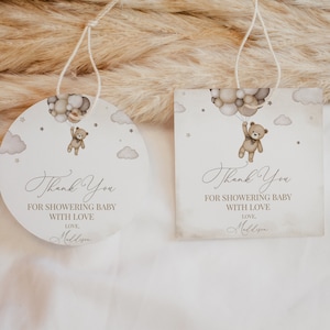 Bewerkbare genderneutrale beren babyshower bedanklabel, we kunnen niet wachten babyshower bedanktag, bruine boho beer feestartikelen, BBS391