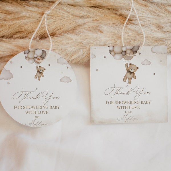 Tag di favore per il baby shower dell'orso neutro di genere modificabile, Possiamo aspettare con pazienza Etichetta di ringraziamento per il baby shower, Bomboniere dell'orso Boho marrone, BBS391