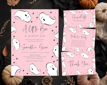 Editable Girl A Little Boo Baby Shower Invitation Bundle, Pink Halloween Baby Shower Invite, Ghost Halloween Baby Shower Invite, BBS498