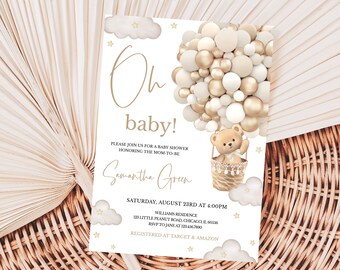 Editable Gender Neutral Oh Baby Bear Baby Shower Invitation, Rustic Bear Balloon Baby Shower Invite, Brown Bear Baby Shower, BBS831