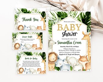 May include: A set of baby shower stationery including an invitation, a thank you card, a diaper raffle card, and a books for baby card. Each piece features watercolor jungle animals, green tropical leaves, and gold geometric frames with text.