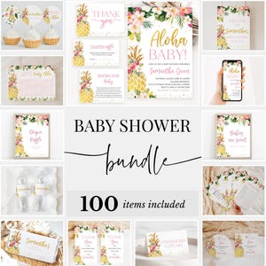 Bearbeitbares Floral Pink Ananas-Babyparty-Bundle, Tropische Ananas-Dusche-Einladungspaket, Aloha Girl Ananas-Spielepaket, BBS689
