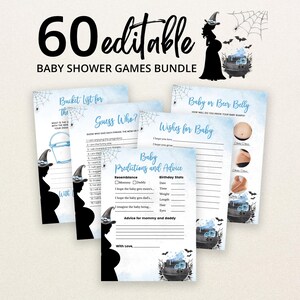 Editable A Baby is Brewing Blue Halloween Baby Shower Game Bundle, Boy Halloween Baby Shower Game Pack, Witch Baby Shower Games, BBS430 image 1